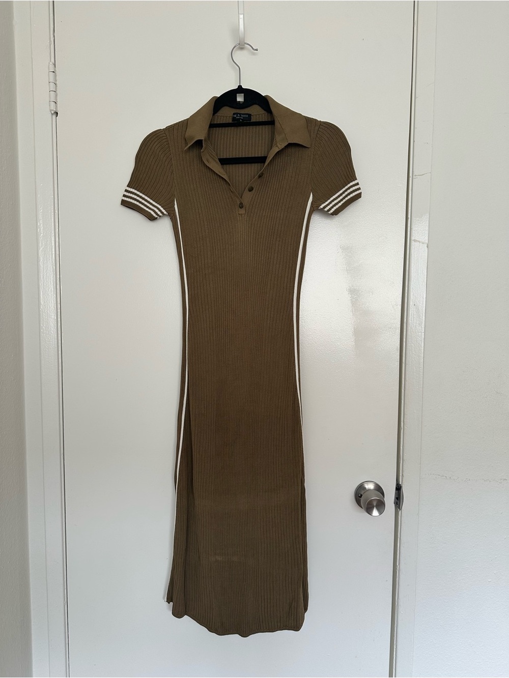 rag & bone Olive Ribbed Polo Midi Dress with White Trim